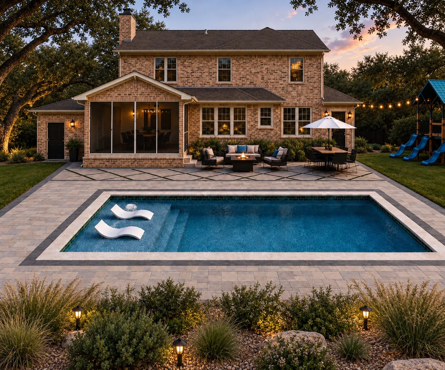 Rectangular pool with a shallow lounging shelf beside a brick home and low landscape planting