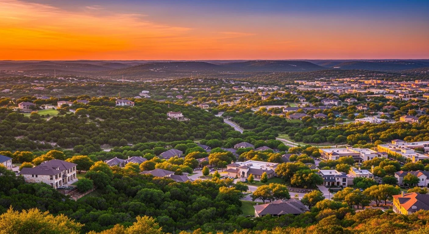 Aerial view of neighborhoods and wooded hills around Bulverde at sunset