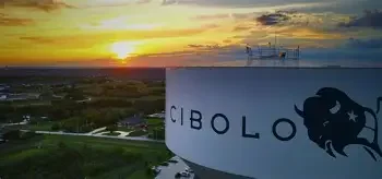 Cibolo water tower above the surrounding neighborhood at sunset