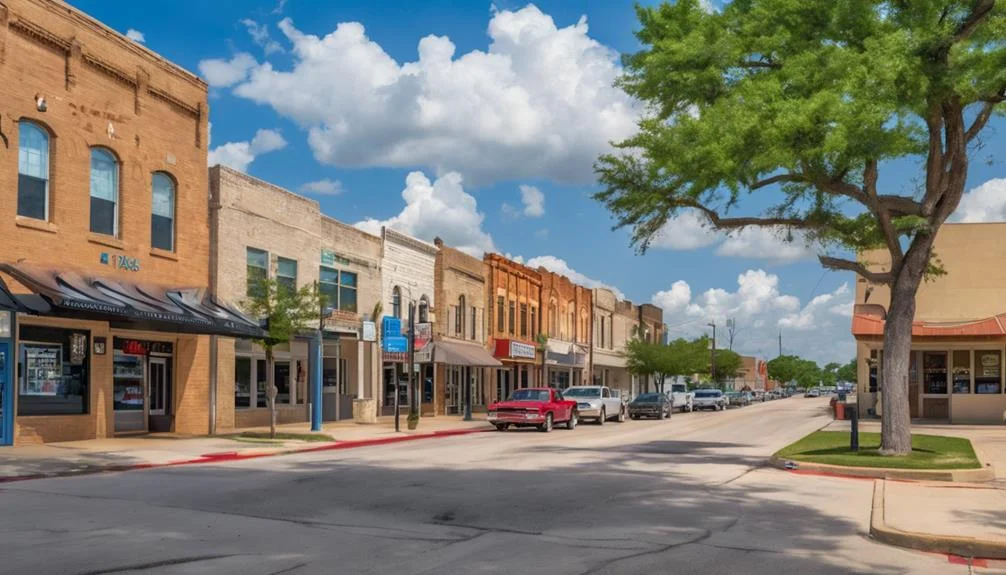 Brick storefronts along a downtown street in Converse
