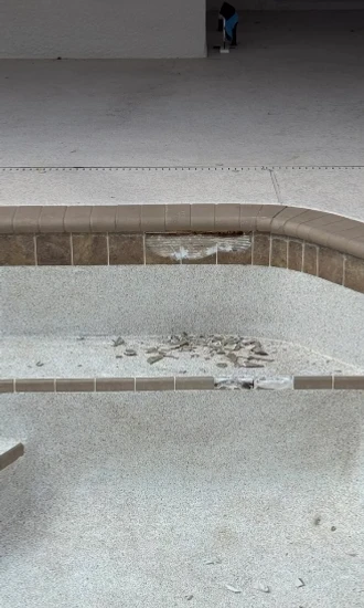 Pool entry shelf with removed tile and demolition debris